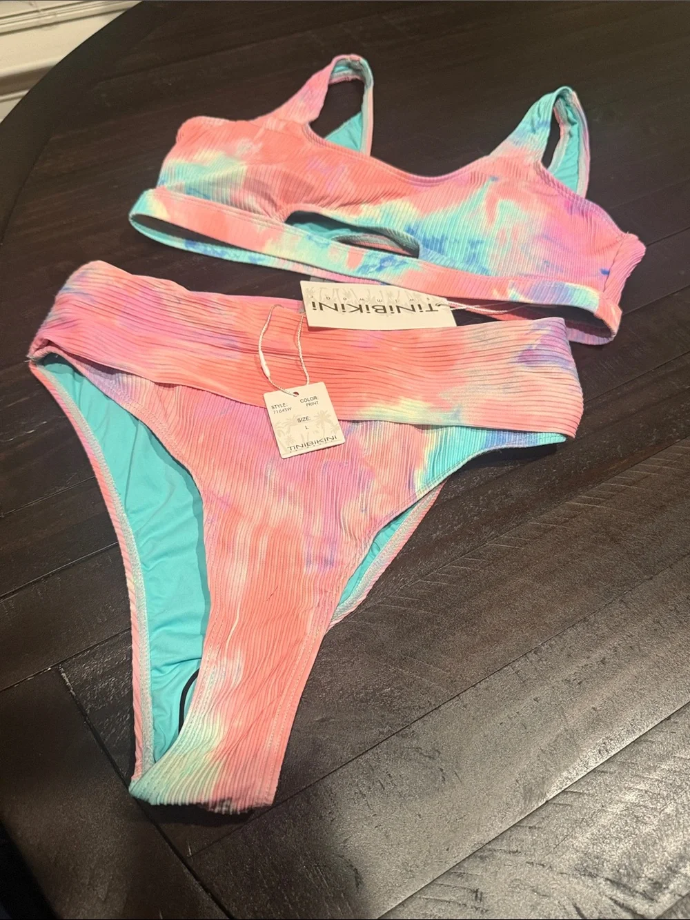 TiniBikini pink and blue tie-dye ribbed two-piece bikini set NWT Size L